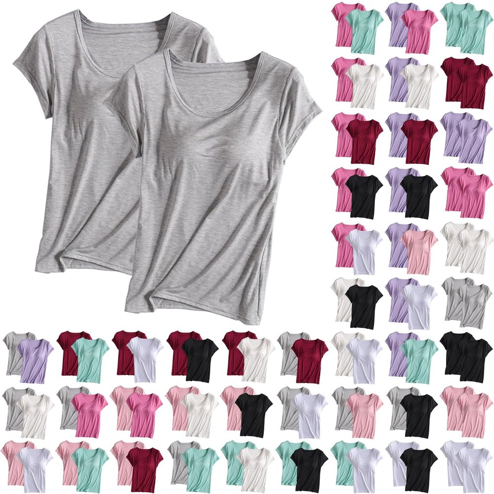 2PCS T-Shirt with Built-in Bra Women Workout Yoga Tops Short Sleeve Padded Bras Soft Pajama Plus Size Athletic Shirts