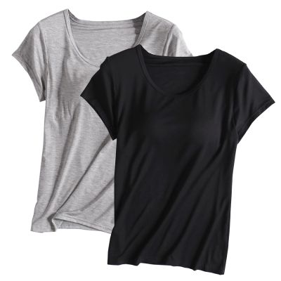 2PCS T-Shirt with Built-in Bra Women Workout Yoga Tops Short Sleeve Padded Bras Soft Pajama Plus Size Athletic Shirts