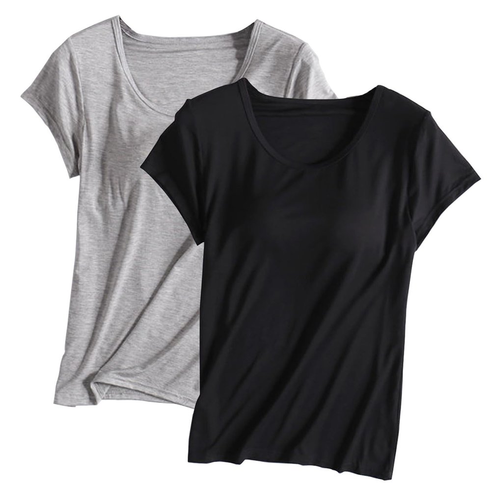2PCS T-Shirt with Built-in Bra Women Workout Yoga Tops Short Sleeve Padded Bras Soft Pajama Plus Size Athletic Shirts