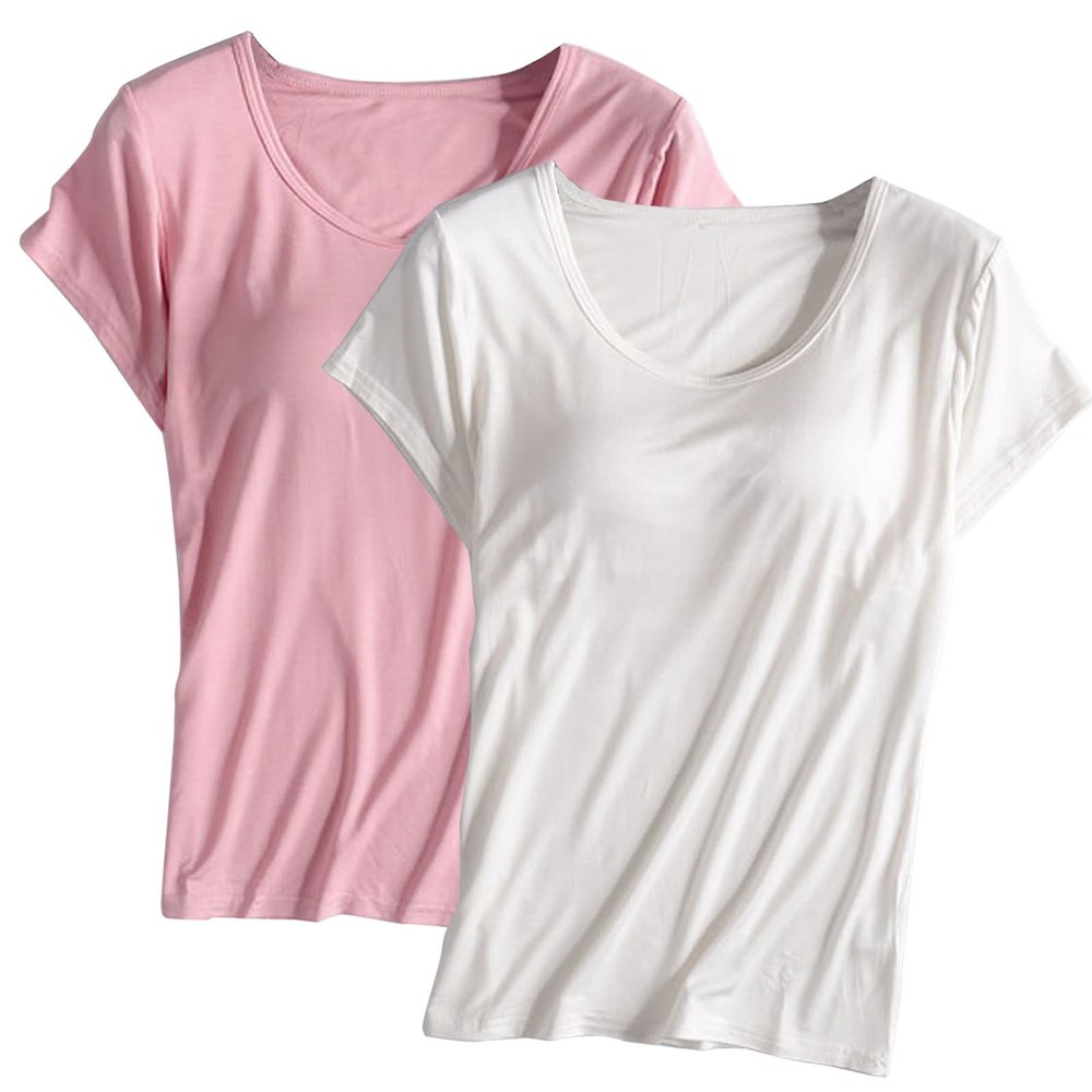 2PCS T-Shirt with Built-in Bra Women Workout Yoga Tops Short Sleeve Padded Bras Soft Pajama Plus Size Athletic Shirts