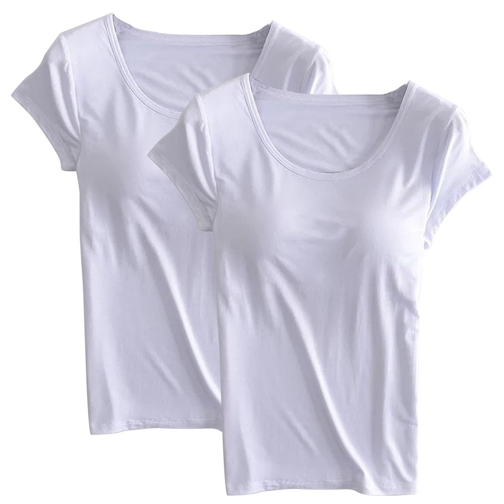 2PCS T-Shirt with Built-in Bra Women Workout Yoga Tops Short Sleeve Padded Bras Soft Pajama Plus Size Athletic Shirts
