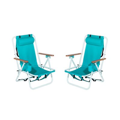 Backpack Beach Chair Set of 2,4 Position Portable Folding Camping Chair for Adults,Sturdy & Lightweight Reclining Chair with Headrest,Armrests,Cup Holder for Outdoor Sand (Green)