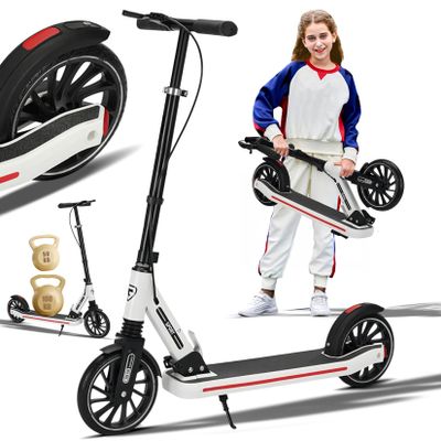 GLDDFDG Kick Scooter for Ages 6+, Kid, Teens & Adults, 8IN Solid Tires Big Wheels for Kids, 3 Handle height Adjustable Levels, for Riders 330 lbs, with Double Braking System, Foldable Scooter,White