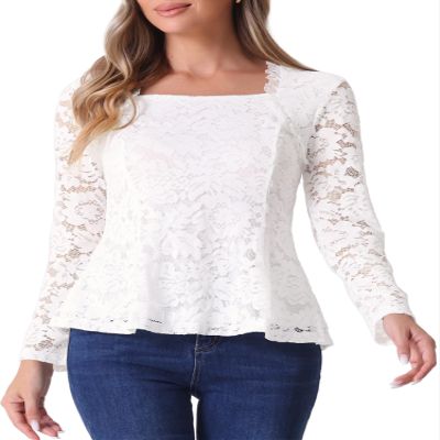 Allegra K Lace Tops for Women's Square Neck Long Sleeve Stertch Elegant Casual Peplum Blouse Top X-Small White