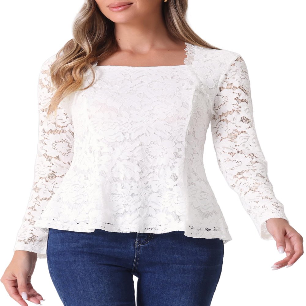 Allegra K Lace Tops for Women's Square Neck Long Sleeve Stertch Elegant Casual Peplum Blouse Top X-Small White