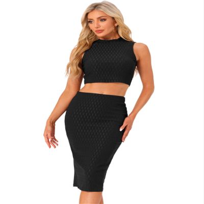Allegra K Two Pieces Skirt Sets for Women's Summer 2025 Sleeveless Mock Neck Tank Top Bodycon Skirts X-Small Black