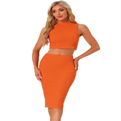 Allegra K Two Pieces Skirt Sets for Women's Summer 2025 Sleeveless Mock Neck Tank Top Bodycon Skirts Medium Orange