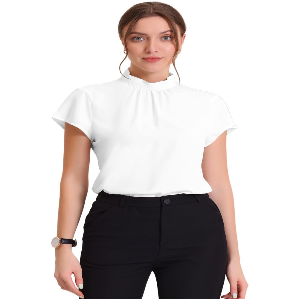 Allegra K Mock Neck Work Top for Women's Cap Sleeve Pleated Front Basic Solid Blouse XX-Large White