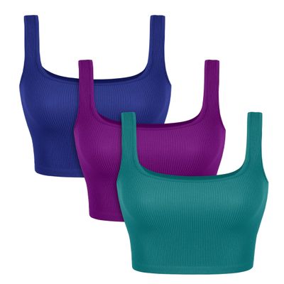 ODODOS 3-Pack Seamless Square Neck Crop Tank for Women Ribbed Knit Soft Low Back Cropped Tops, Long Crop Length, Phlox+Sea Green+Lapis, X-Small/Small