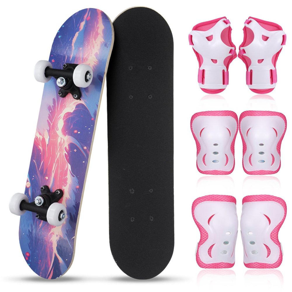 Honoson 7 Pcs Skateboard for Toddlers Beginners Knee Elbow Pads Wrist Guards Gear Set (Pink Oceans,Age 6-10 Kids 24 x 6)