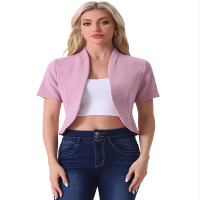 Allegra K Casual Business Cropped Blazer for Women's Short Sleeve Collarless Open Front Cardigan Work Jacket Shrug X-Small Pink