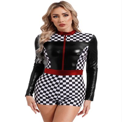 Moily Womens Halloween Race Car Driver Costume Colorblock Printed Shiny Long Sleeves Leotard Jumpsuit Black Large
