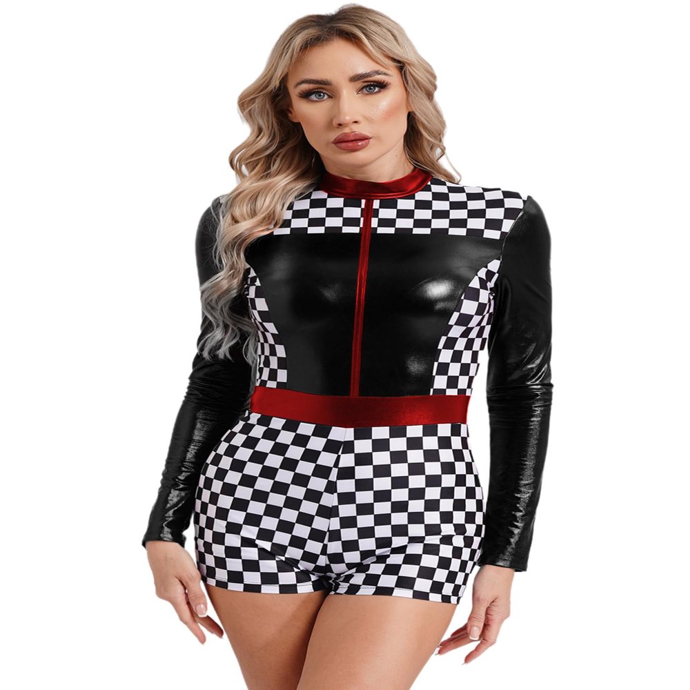 Moily Womens Halloween Race Car Driver Costume Colorblock Printed Shiny Long Sleeves Leotard Jumpsuit Black Large