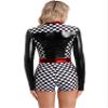 Moily Womens Halloween Race Car Driver Costume Colorblock Printed Shiny Long Sleeves Leotard Jumpsuit Black Large view 2