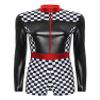 Moily Womens Halloween Race Car Driver Costume Colorblock Printed Shiny Long Sleeves Leotard Jumpsuit Black Large view 3