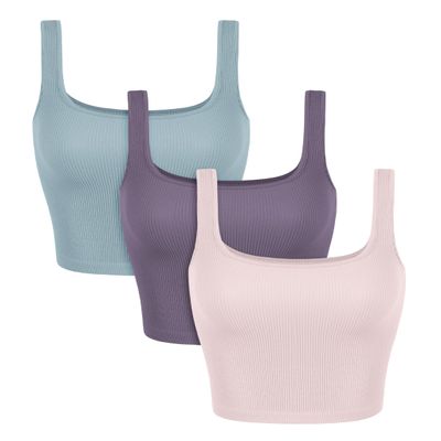 ODODOS 3-Pack Seamless Square Neck Tank for Women Ribbed Knit Soft Low Back Sleeveless Tops, Waist Length, Pink Lace+Violet+Iceberg, X-Large/XX-Large