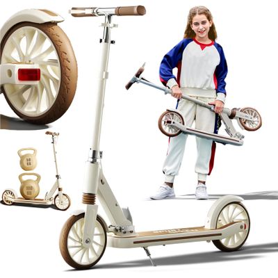 GLDDFDG Kick Scooter for Ages 6+, Kid, Teens & Adults, 8IN Solid Tires Big Wheels for Kids, 3 Handle height Adjustable Levels, for Riders 330 lbs, with Double Braking System, Foldable Scooter,Brown