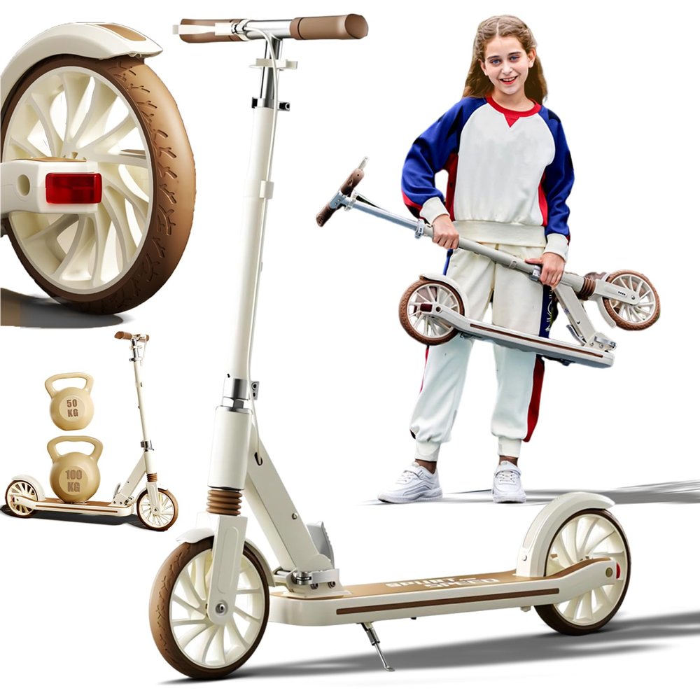 GLDDFDG Kick Scooter for Ages 6+, Kid, Teens & Adults, 8IN Solid Tires Big Wheels for Kids, 3 Handle height Adjustable Levels, for Riders 330 lbs, with Double Braking System, Foldable Scooter,Brown