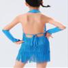 Happy Cherry Girls Sequins Dance Dress Fringe Latin Skirt Halter Rhinestones Tassels Dancewear Sparkling for Kids Lake Blue view 2