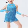 Happy Cherry Girls Sequins Dance Dress Fringe Latin Skirt Halter Rhinestones Tassels Dancewear Sparkling for Kids Lake Blue view 4