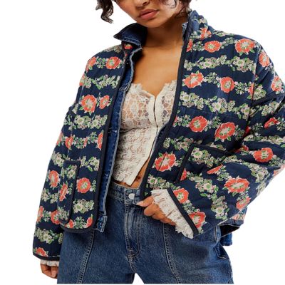 VAOYIU Women's Floral Puffer Jacket Cropped Vintage Printed Cardigan Lightweight Open Front Padded Quilted Coats(Navy-M)