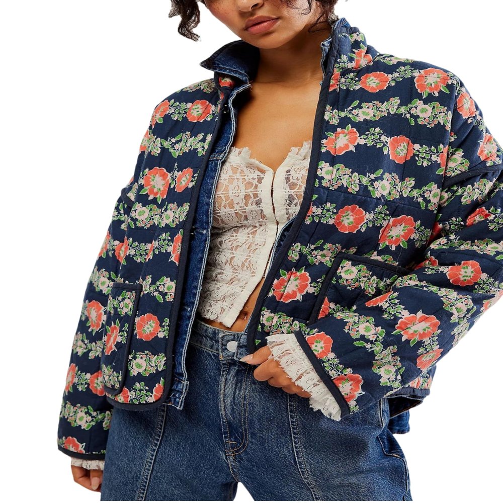 VAOYIU Women's Floral Puffer Jacket Cropped Vintage Printed Cardigan Lightweight Open Front Padded Quilted Coats(Navy-M)