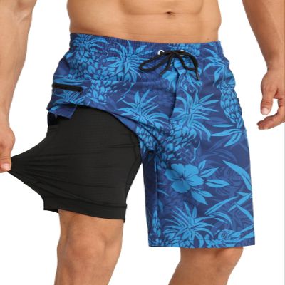 APTRO 2 in 1 Men's Swim Trunks 9" with Zipper Pockets Bathing Suit Built-in Board Shorts Swimwear Long Shorts Blue-Pineapple S