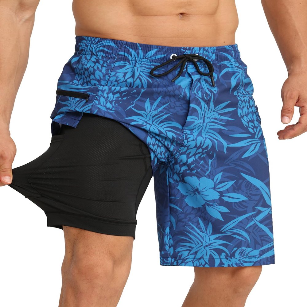 APTRO 2 in 1 Men's Swim Trunks 9" with Zipper Pockets Bathing Suit Built-in Board Shorts Swimwear Long Shorts Blue-Pineapple S