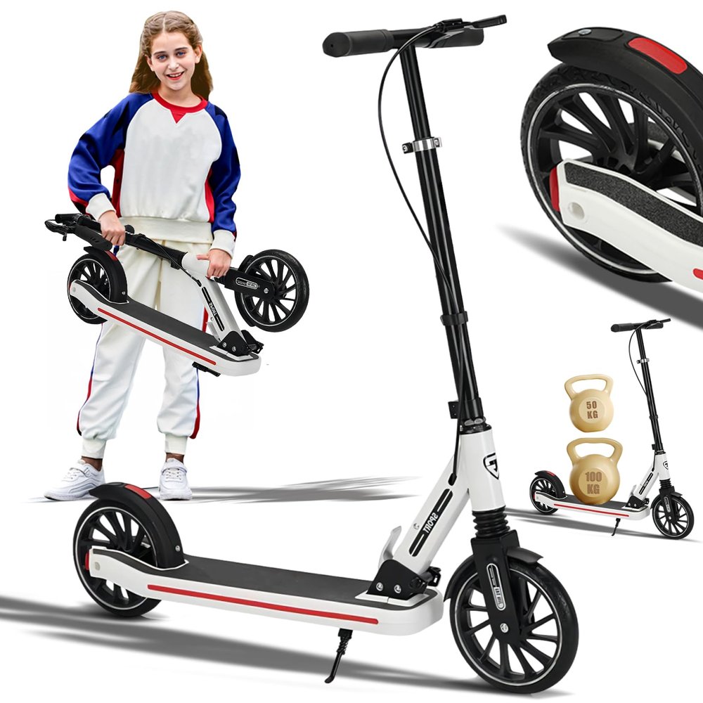 GLDDFDG Scooters for Kids 8-12, Teens & Adults, 3 Handle Height Adjustable Levels, 8IN Solid Tires Big Wheels for Kids, with Double Braking System, Foldable Scooter for Riders up to 330 lbs,B