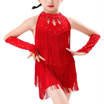 Happy Cherry Girls Latin Sequins Tassel Dance Dress Halter Ballroom Dancing Outfits Rhinestones Costume Dancewear Red
