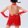 Happy Cherry Girls Latin Sequins Tassel Dance Dress Halter Ballroom Dancing Outfits Rhinestones Costume Dancewear Red view 2