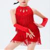Happy Cherry Girls Latin Sequins Tassel Dance Dress Halter Ballroom Dancing Outfits Rhinestones Costume Dancewear Red view 3