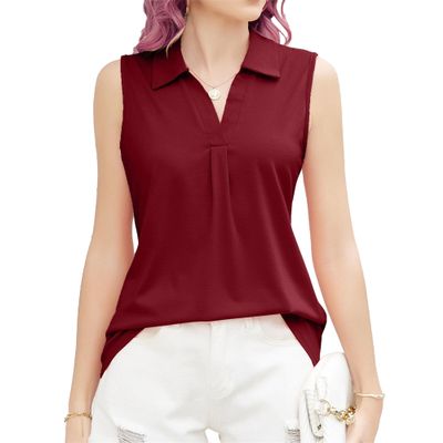 Womens Polo Tank Tops Summer Casual Loose V Neck Sleeveless Shirts Collared Work Tops Business Dressy Blouses (Red,Small)