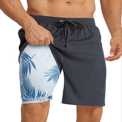 APTRO 2 in 1 Men's Swim Trunks 9" with Zipper Pockets Bathing Suit Built-in Board Shorts Swimwear Long Shorts Solid Grey L