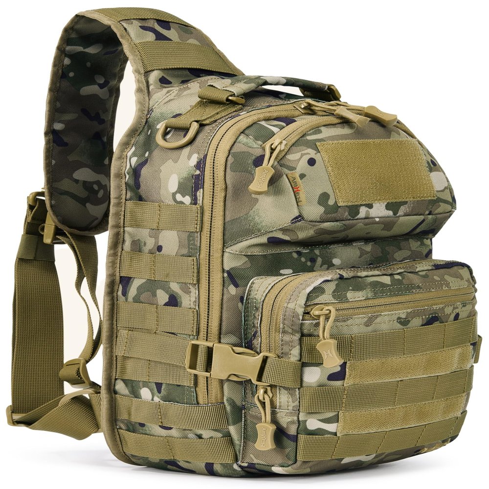AMHEH 15L Tactical Sling Bag Hidden Back Pocket, 1050D, MOLLE, Fits 12" Laptop for Everyday Carry & Day Trips (Camo)