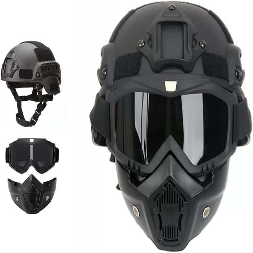HISTOEG Airsoft Helmet and Face Mask, Airsoft Full Face Mask, Color Bullet PJ quick Helmet with Detachable and Adjustable Goggles, Front NVG Bracket and Side Rails, Medium, Black
