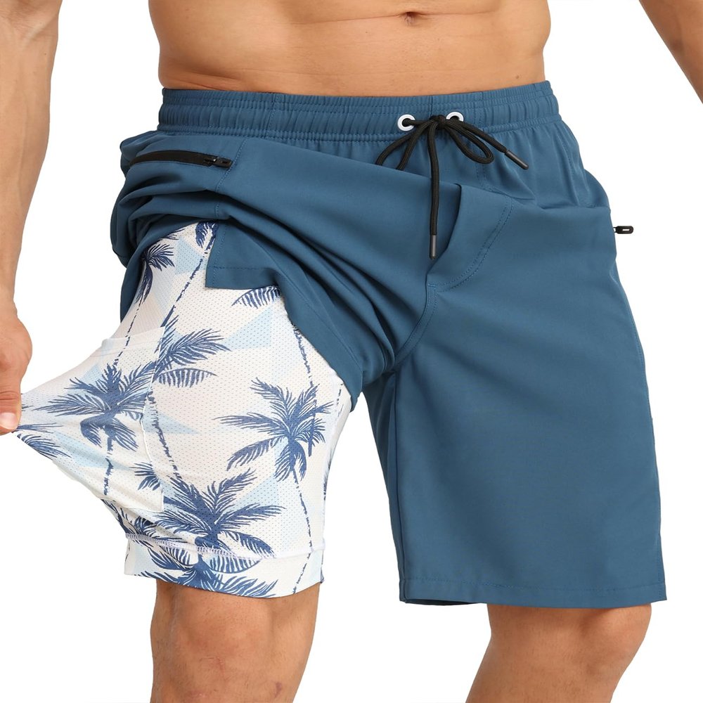 APTRO 2 in 1 Men's Swim Trunks 9" with Zipper Pockets Bathing Suit Built-in Board Shorts Swimwear Long Shorts Solid Dark Blue L