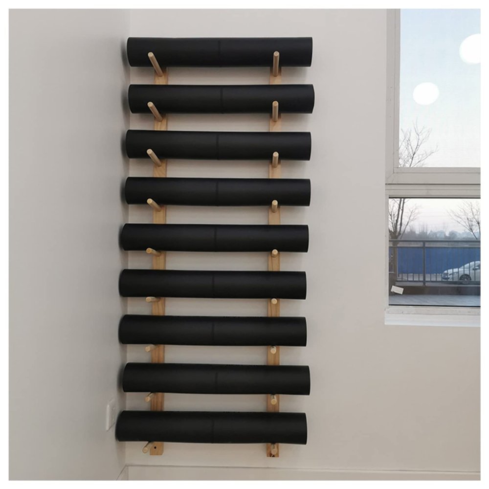 TREEYX 9 Tiers Wall Mount Yoga Mat Holder, Wooden Foam Roller Rack for Gym Studio Office Home (9 Layers 156Cm/61.4)