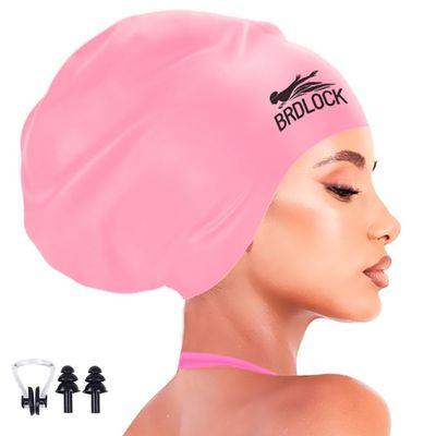 BRDLOCK Extra Large Swim Cap for Braids and Dreadlocks Swimming Cap for Women Long Hair Braids Dreads Locs Thick Curly Hair Waterproof Silicone Swim Caps Keep Your Hair Dry (Pink Cinnamon, X-Large)