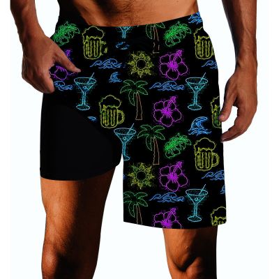 Tropical Flowers neon Mens Swim Trunks with Compression Liner Quick Dry Zipper Pocket Bathing Suit for Beach Summer Small