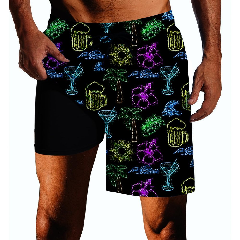 Tropical Flowers neon Mens Swim Trunks with Compression Liner Quick Dry Zipper Pocket Bathing Suit for Beach Summer Small