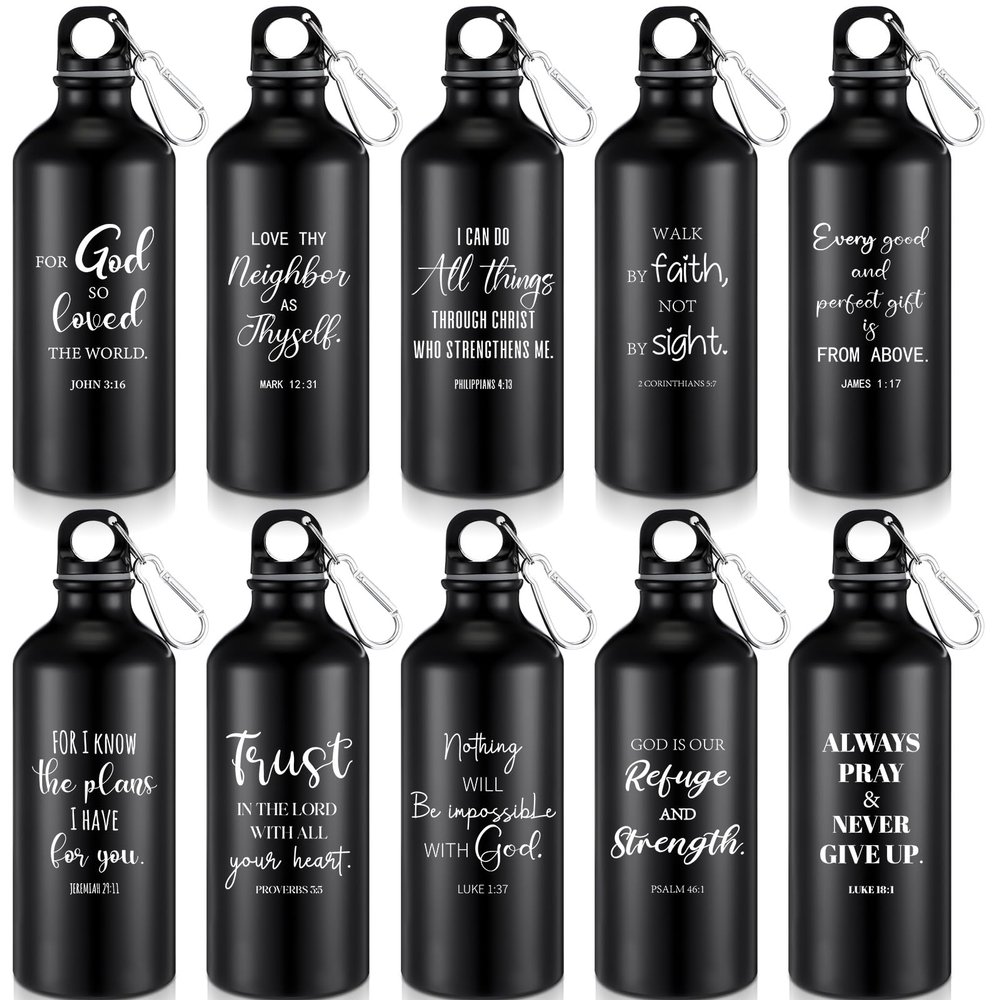 10 Pcs Inspirational Christian Gifts for Women Men, 20 oz Aluminum Water Bottle with Encouragement Scripture, Faith-Based Travel Mug Religious Confirmation Gifts Bulk Easter Church Gift(Black)