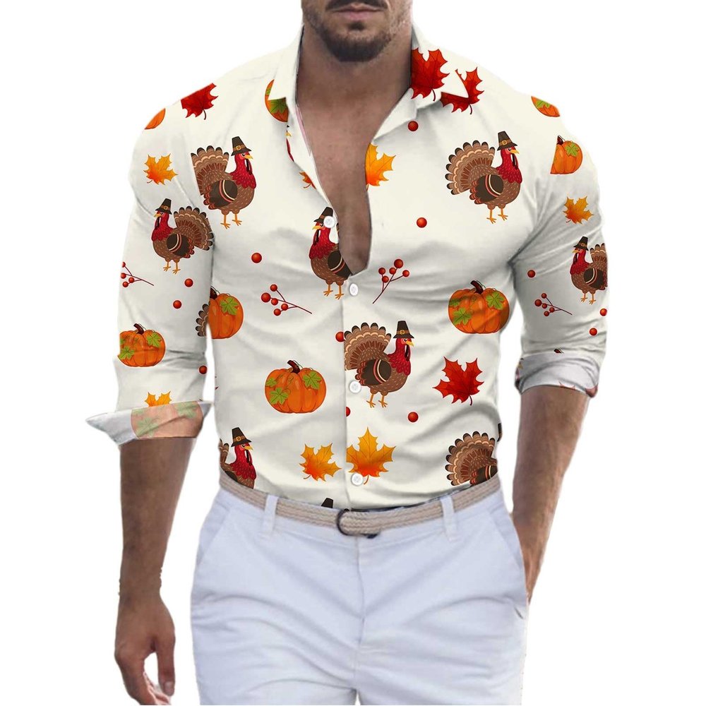 Turkey Shirts for Men Thanksgiving Day Mens Funny Shirt Long Sleeve Button Down Shirts Casual Shirt White