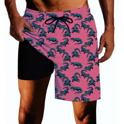 SQPO Crocodile Mens Swim Trunks with Compression Liner Quick Dry Zipper Pocket Bathing Suit for Beach Summer 3X-Large