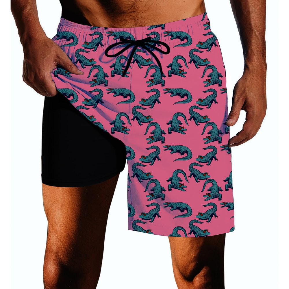 SQPO Crocodile Mens Swim Trunks with Compression Liner Quick Dry Zipper Pocket Bathing Suit for Beach Summer 3X-Large