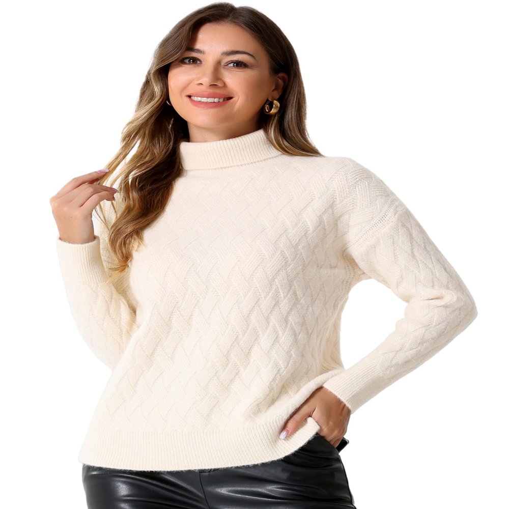 Allegra K Ribbed Sweater for Women's High Neck Long Sleeve Stretch Winter Knit Turtleneck Top X-Large Beige