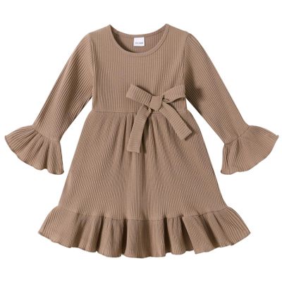 YOUNGER TREE Kids Toddler Dress Baby Girls Fall Dresses Ruffle Long Sleeve Bowknot Casual Winter Dress for Girl(2-3T,Brown)