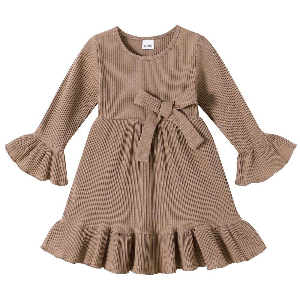 YOUNGER TREE Kids Toddler Dress Baby Girls Fall Dresses Ruffle Long Sleeve Bowknot Casual Winter Dress for Girl(2-3T,Brown)