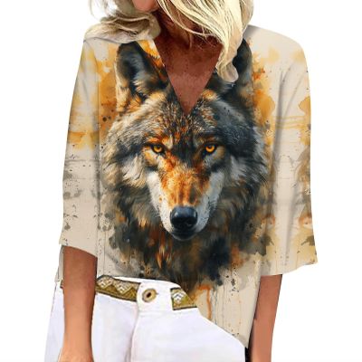 BIVENANT 3/4 Length Sleeve Womens Tops Cat Tshirts Shirts for Women Petite Tops for Women 3/4 Sleeve Animal Print Tops for Women Plus Size Polyester Wolf Shirts Women's 3/4 Sleeve Summer Tops