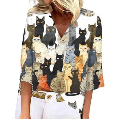 BIVENANT 3/4 Length Sleeve Womens Tops Cotton Boho Tops for Women 2024 Cat Hippie 3/4 Sleeve Tops for Women Summer Short Sleeve V Neck Cat Tops for Women 3/4 Sleeves